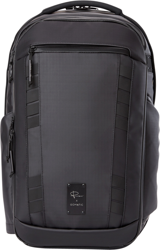Black camera travel backpack with front zip pocket and logo plate
