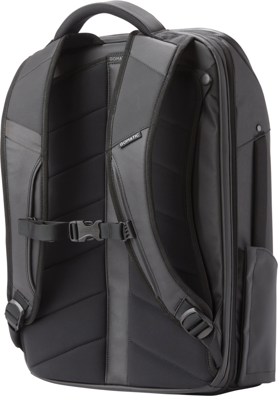 Black 20L travel backpack showing padded back panel, shoulder straps, and side handles