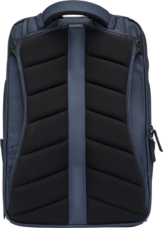 Navy travel backpack back panel with padded shoulder straps and vertical storage section