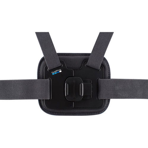 Front view of black chest harness pouch with camera mount and strap buckles