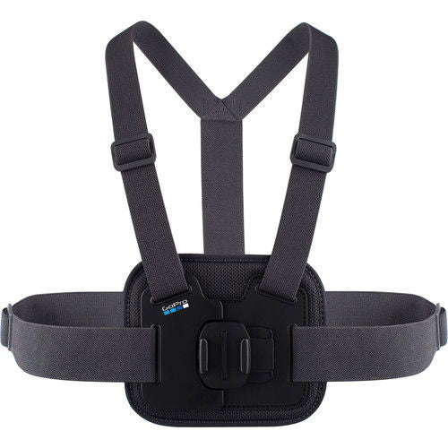 Adjustable black chest straps with padded camera pouch and centered mount