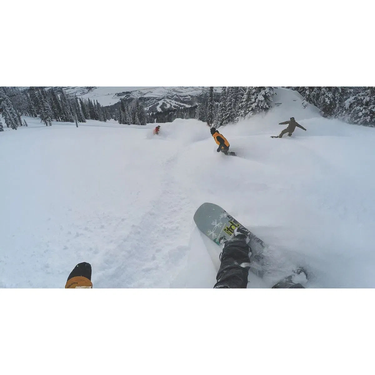Head-mounted action camera POV while snowboarding