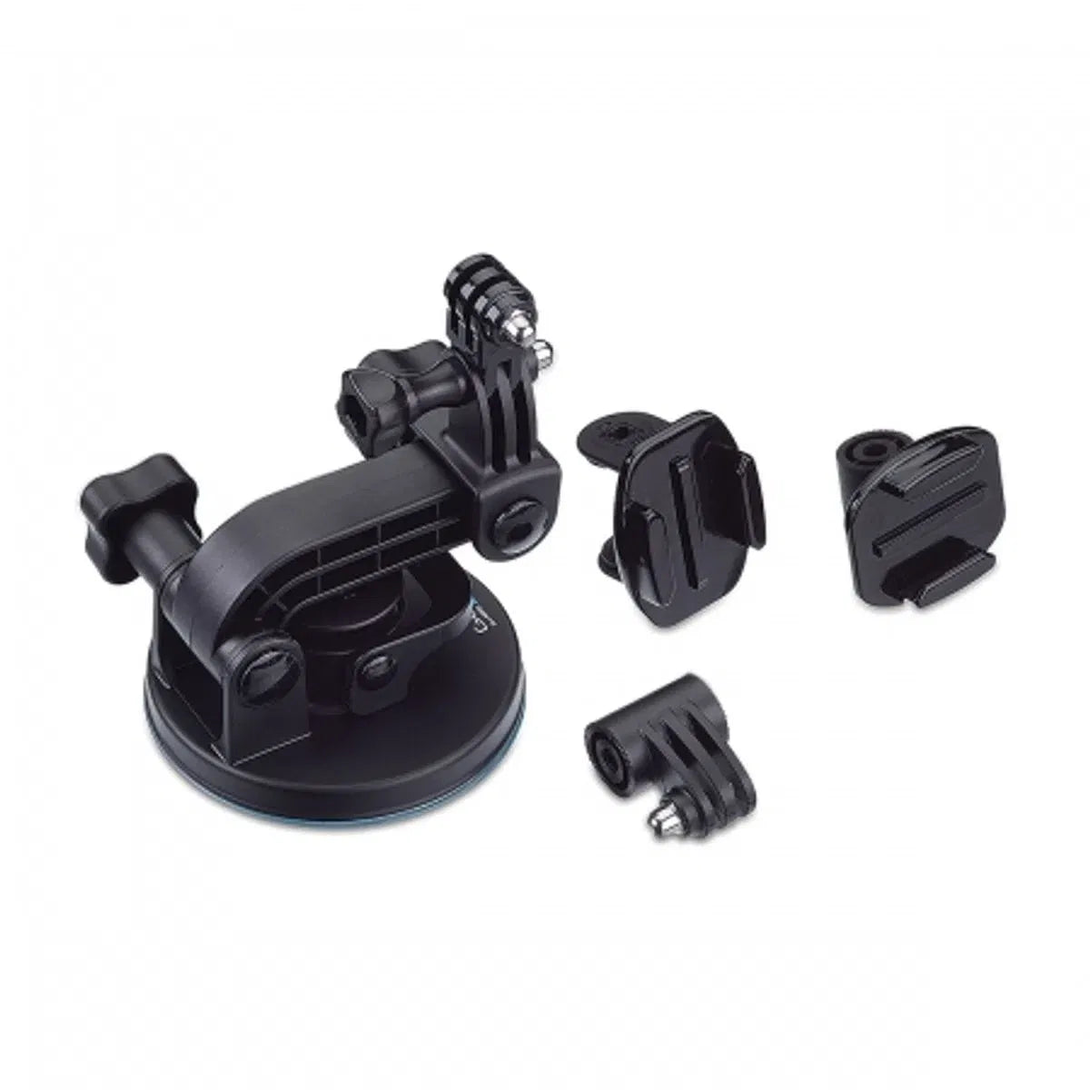 Black suction cup mount kit with clips and extra camera mounting pieces, side view