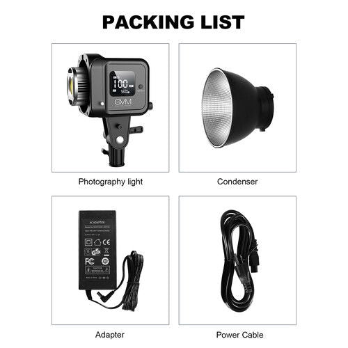 Pack contents: LED light, condenser, adapter, and power cable