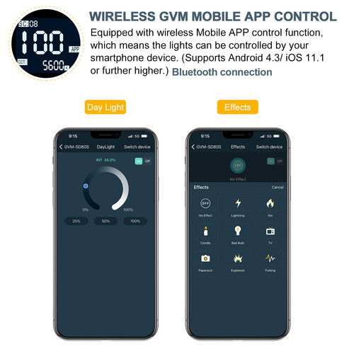 Control wireless pe mobil pentru lumină LED, setări 5600K pe ecran