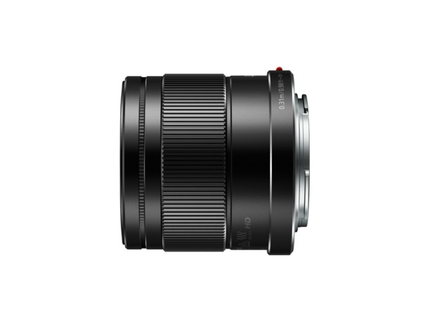 42.5mm f/1.7 MFT lens side view with textured zoom/focus grip and markings