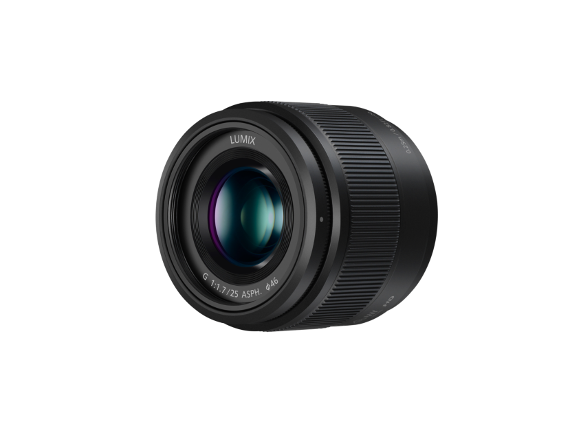 Lumix G 25mm f/1.7 MFT lens, angled front view with green-blue lens glass