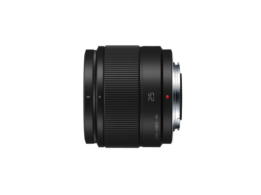 Lumix G 25mm f/1.7 MFT lens, side profile with ribbed grip and red dot