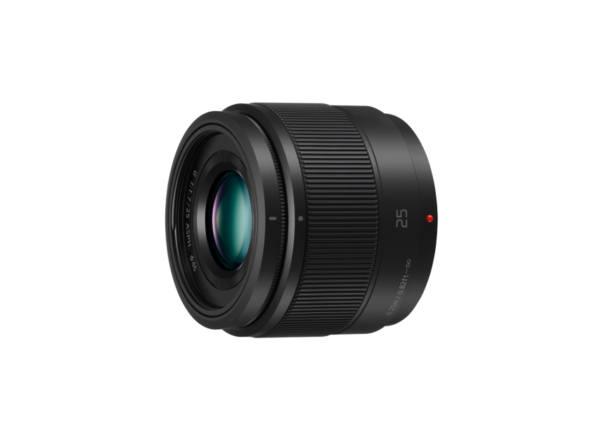Lumix G 25mm f/1.7 MFT lens, 3/4 view showing ribbed focus ring and lens barrel