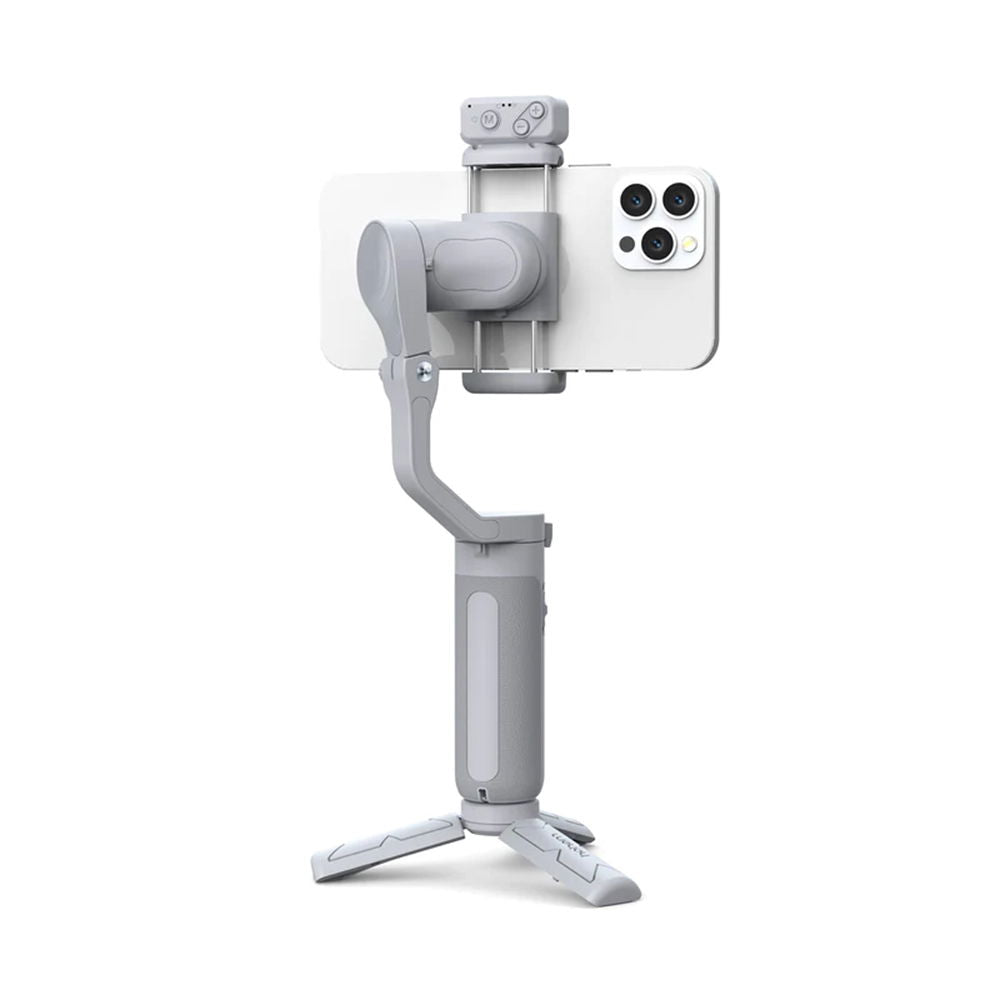 White smartphone gimbal stabilizer with fold-out tripod base and phone holder