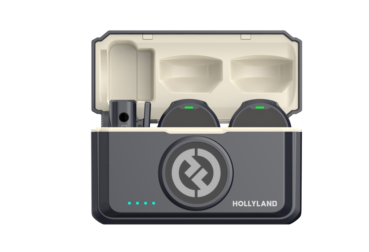 Wireless dual lavalier mic set with open charging case and two receivers, dark gray