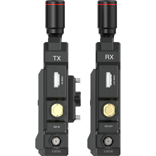 Back panel view of TX and RX units with SDI ports and gold connectors