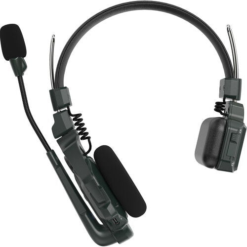 Wireless intercom headset side view with foam mic and coiled cable