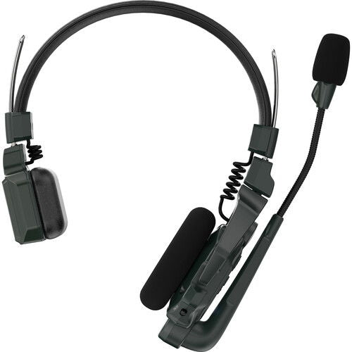 Over-ear wireless intercom headset with tall foam mic and flexible boom