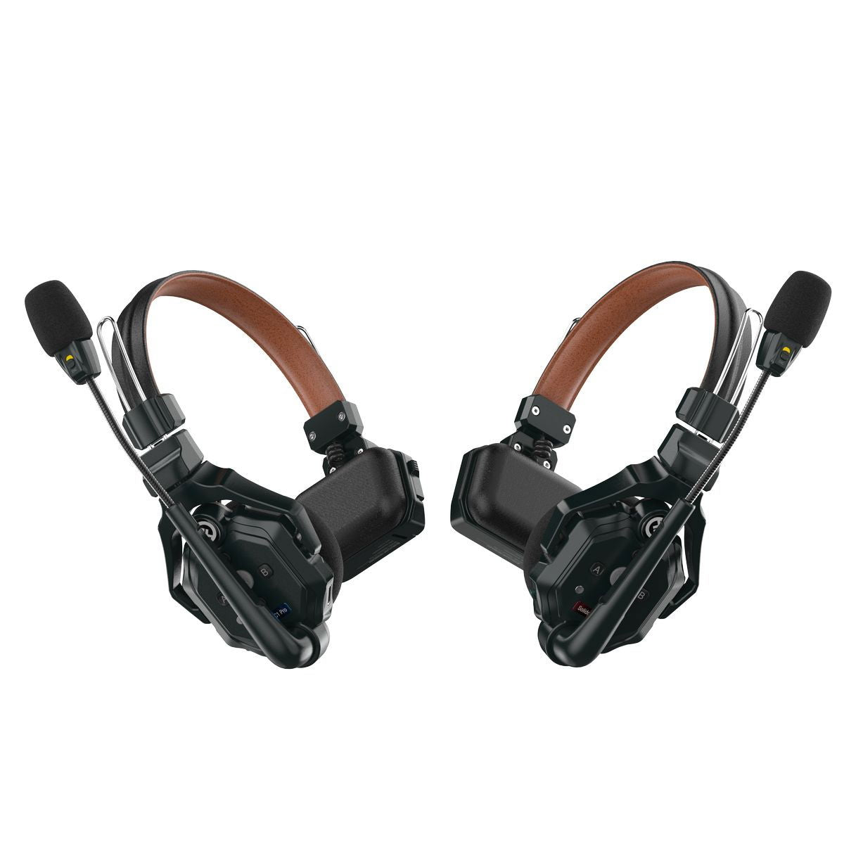 Black dual-ear intercom headset with brown leather-style headband and two microphones