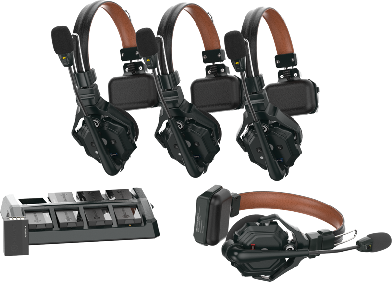 4-channel intercom headset set with headband mics and control base, black