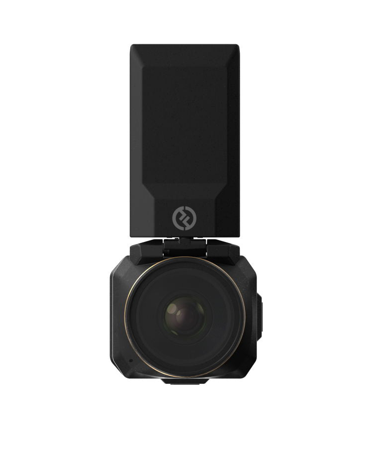 Black camera head with front lens and display folded shut