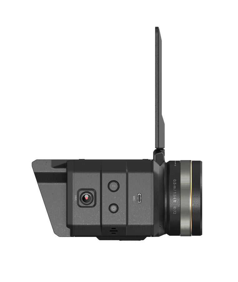 Side view of black live stream camera with control buttons and lens ring