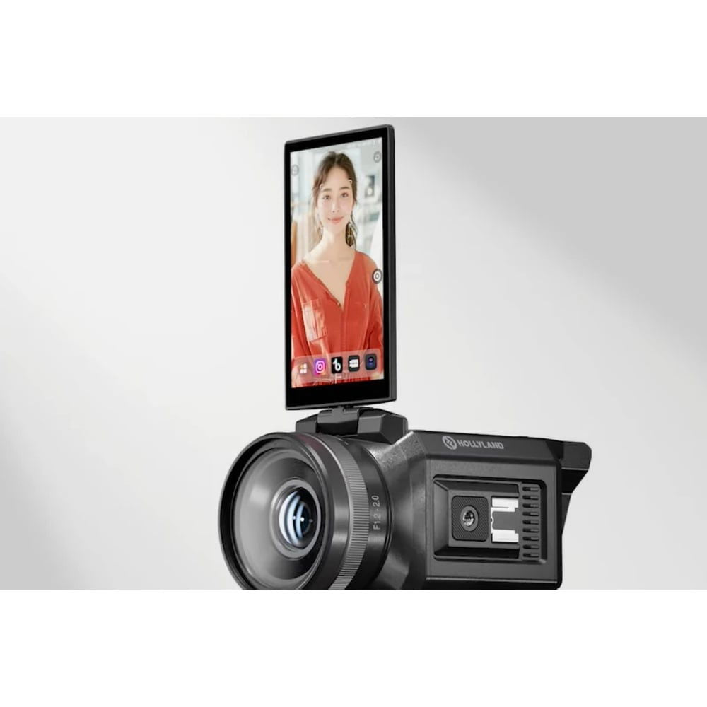 VenusLiv V2 livestream camera with flip-out screen showing video, front lens