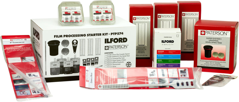 Film processing starter kit box with bottles, reels, tank, thermometer and clips