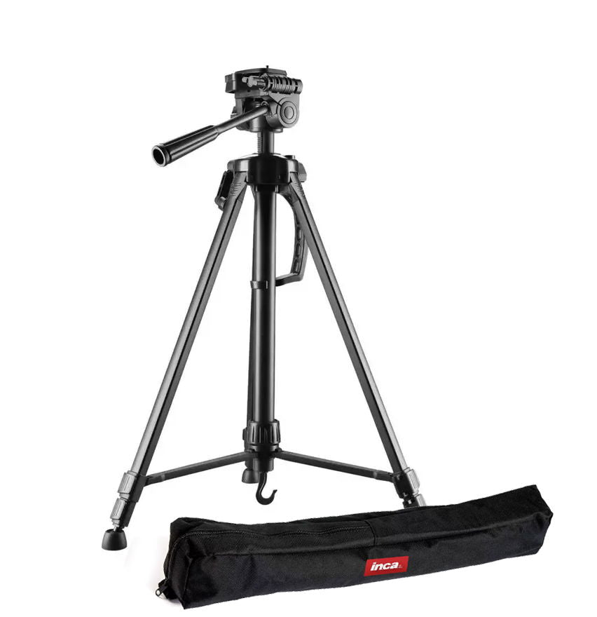 3-way photo/video tripod with black legs and head, plus carrying bag