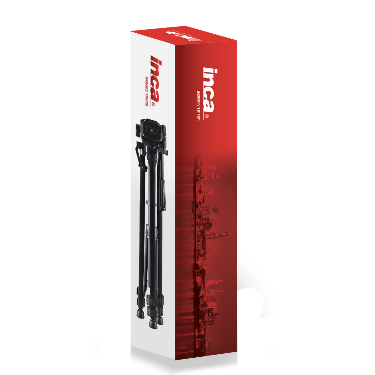 Black photo/video tripod in box package, product shown on front