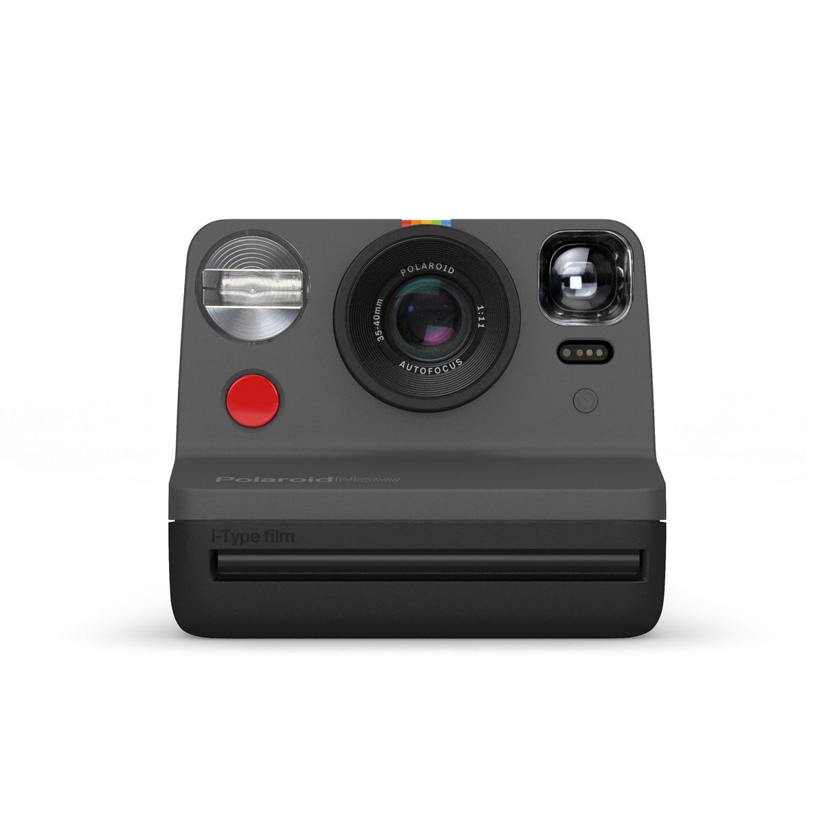 Black instant film camera with lens, flash, and i-Type film slot
