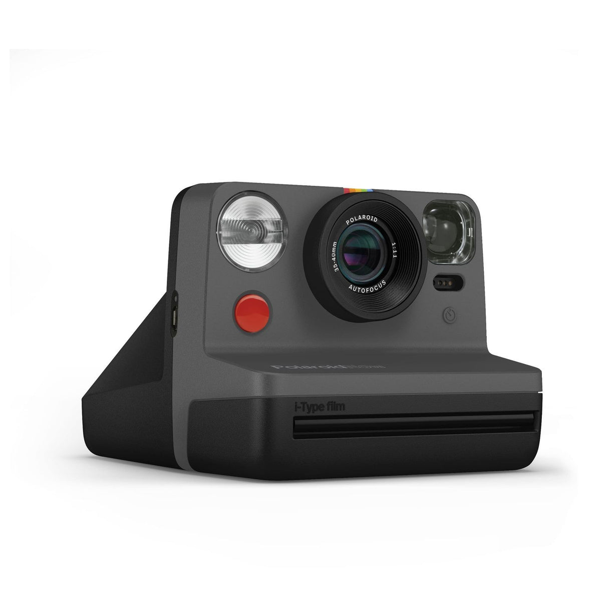 Black instant film camera front view with lens, flash, and i-Type film slot