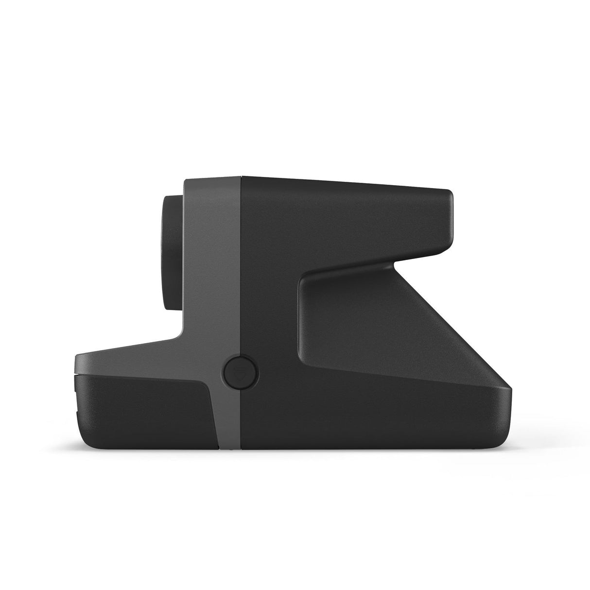Black instant film camera side view with curved grip and film camera body