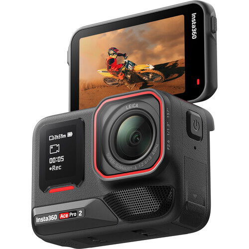 Action camera angled view with front lens and rear screen displaying video