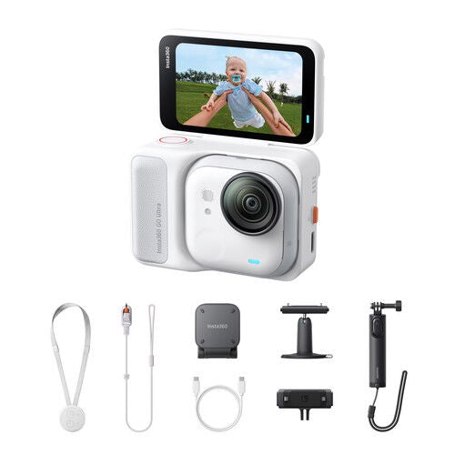 Arctic white 360 action camera with front display and included accessories