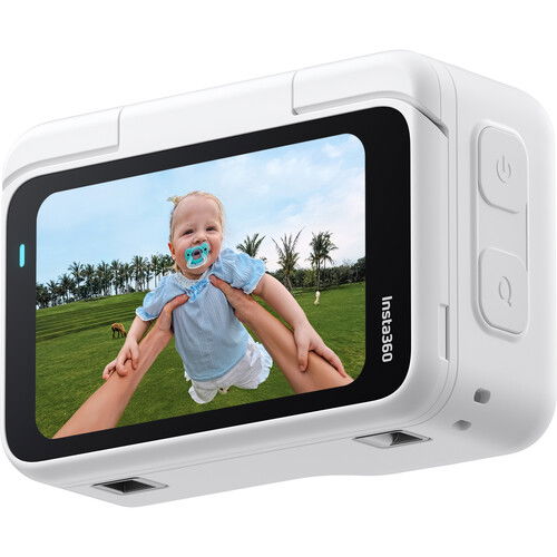 Arctic white 360 action camera with side control panel and active front screen