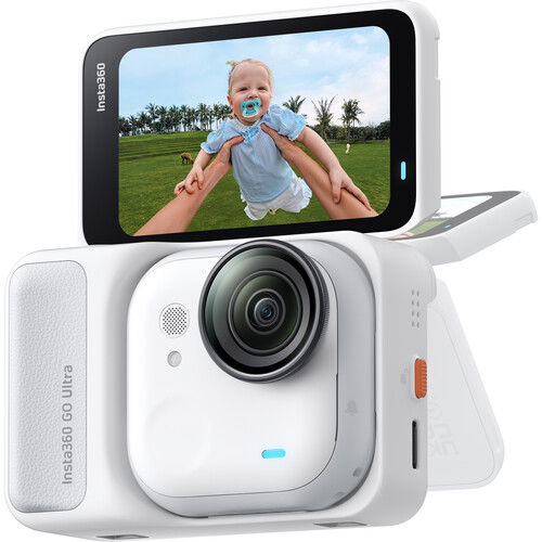 Arctic white 360 action camera with front lens and built-in screen