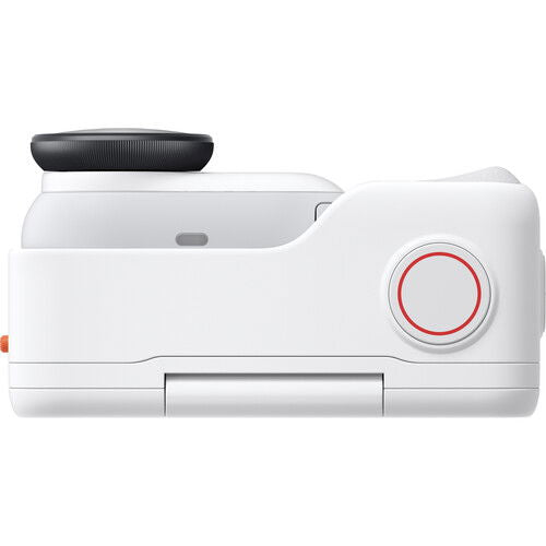 Arctic white 360 action camera side with red-ring dial and lens housing