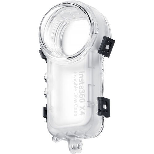 Carcasă dive transparentă Insta360 X4, profil lateral cu cleme negre