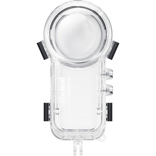 Carcasă dive Insta360 X4 transparentă, vedere din spate cu porturi și cleme