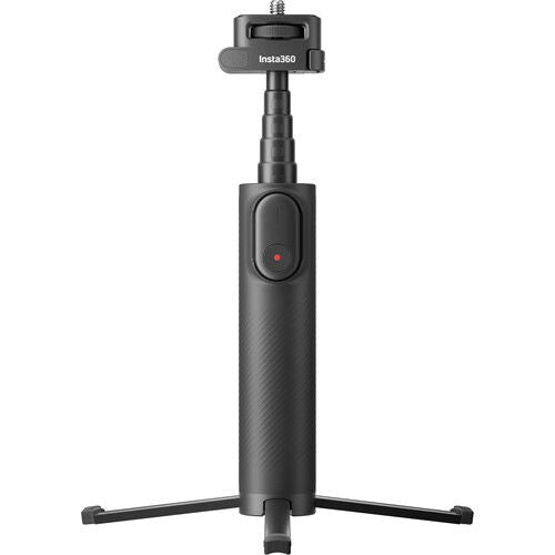 Extended selfie stick with tripod-style feet and clip-on remote control