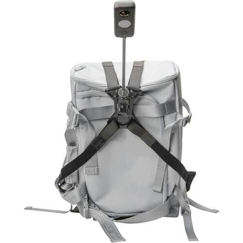 Backpack with gray dual-strap mount and adjustable chest harness panel