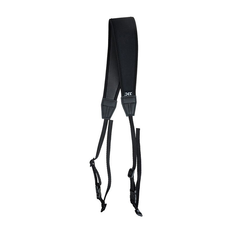 Black camera neck strap with padded ends and adjustable webbing
