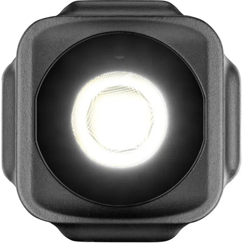 Mini LED video light head with bright circular lens, dark gray finish