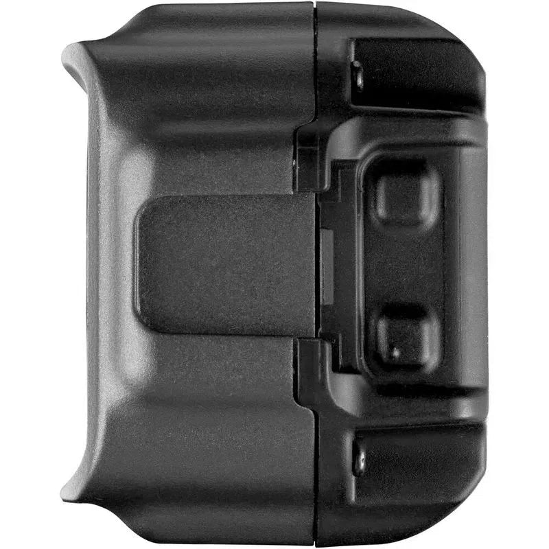 Mini LED video light side view with built-in bracket and power port details, black