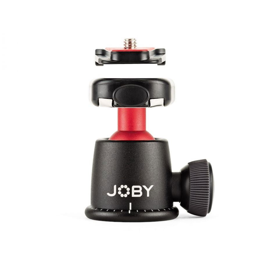 Camera ball head top with threaded mount and front clamp lever, black and red