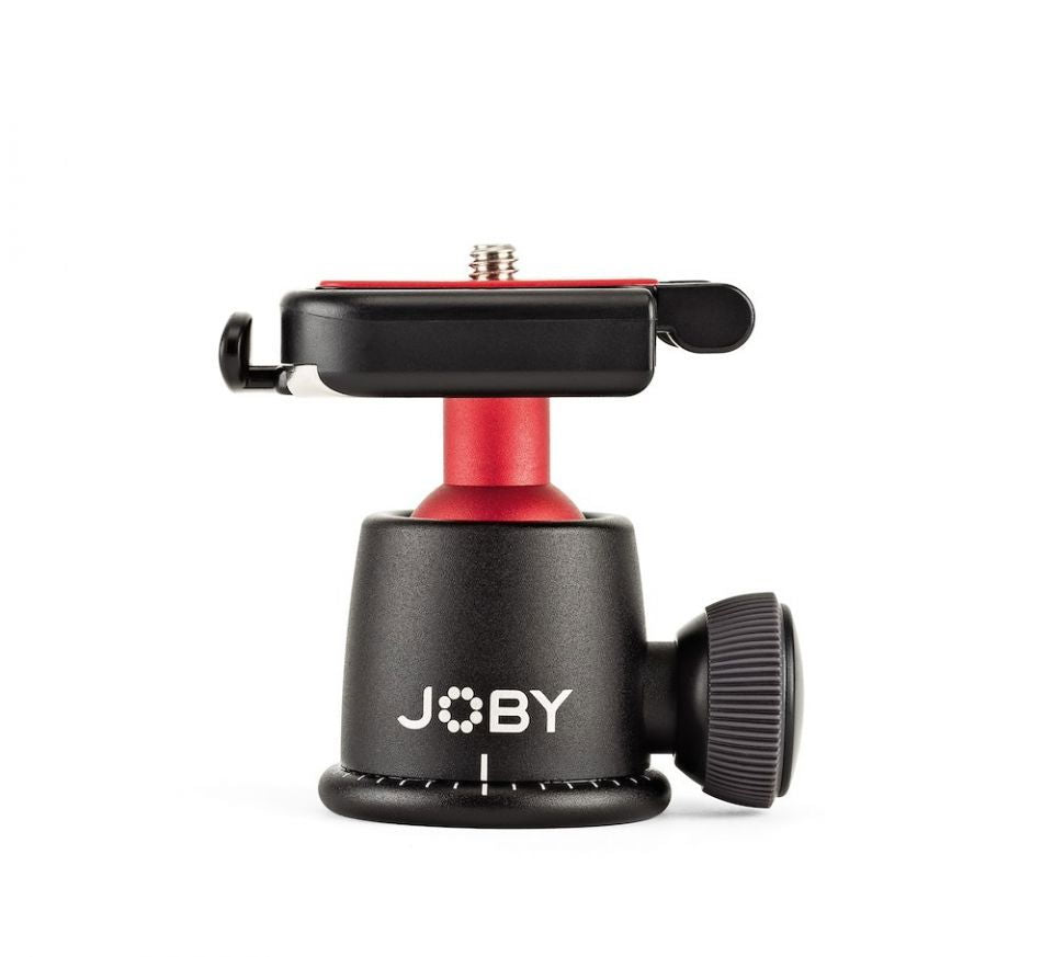 Black camera ball head base with red column and right-side textured control knob