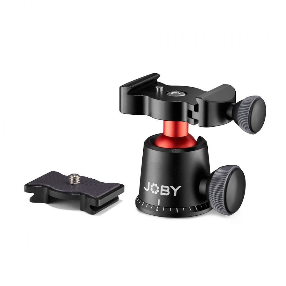 Camera tripod head with quick-release plate, red-and-black base, side control dials