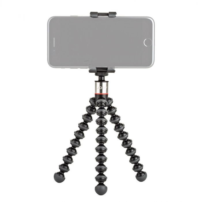 Standing flexible mini tripod with smartphone mount, black bendable legs