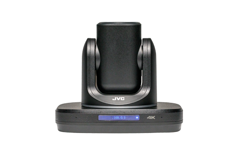 Black PTZ IP production camera back view with side grips on base, 4K label