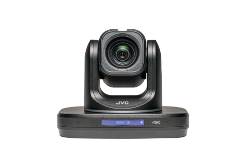 Black PTZ IP production camera base, lens front view, 4K label