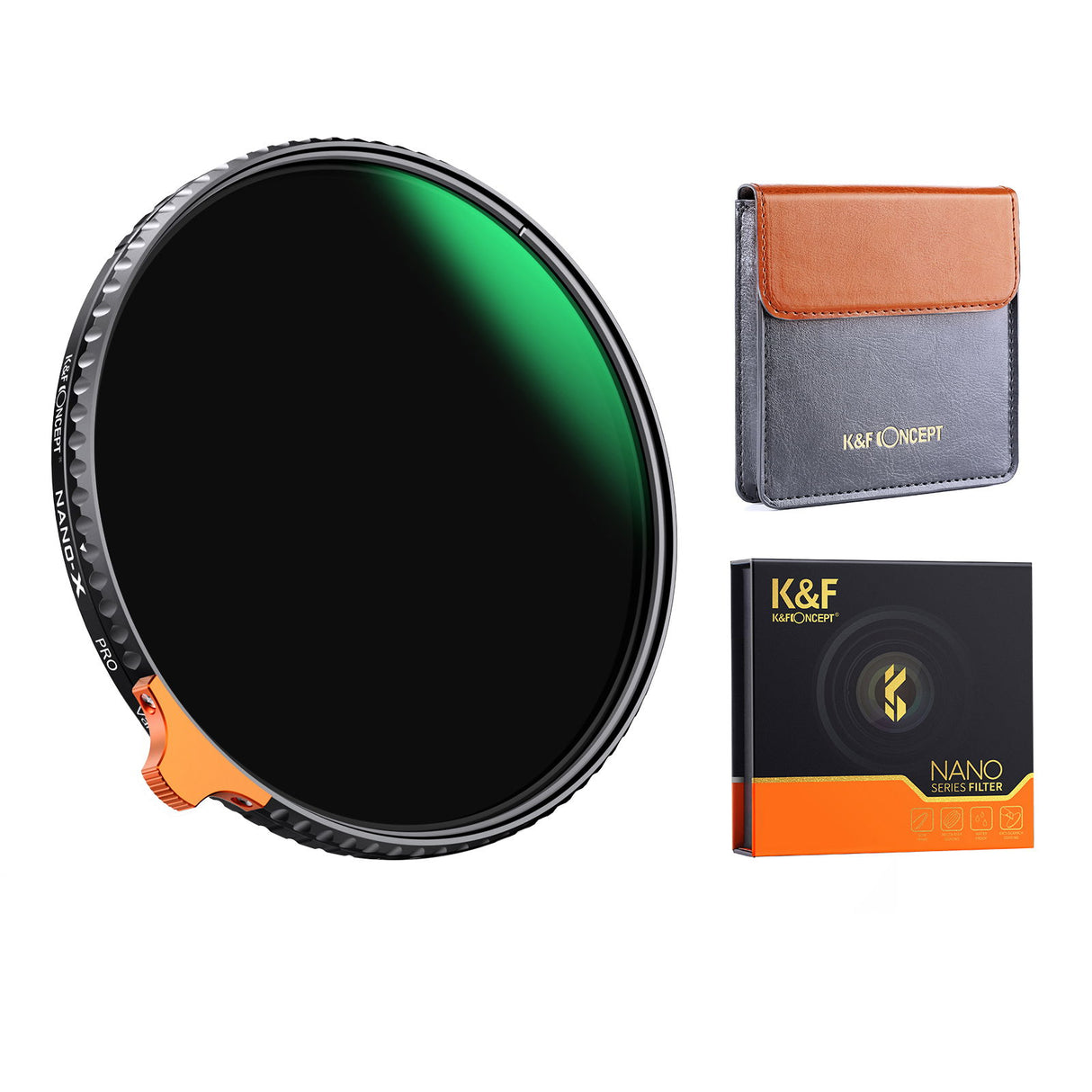 Variable ND lens filter 82mm with green-tinted glass, plus case and boxed packaging