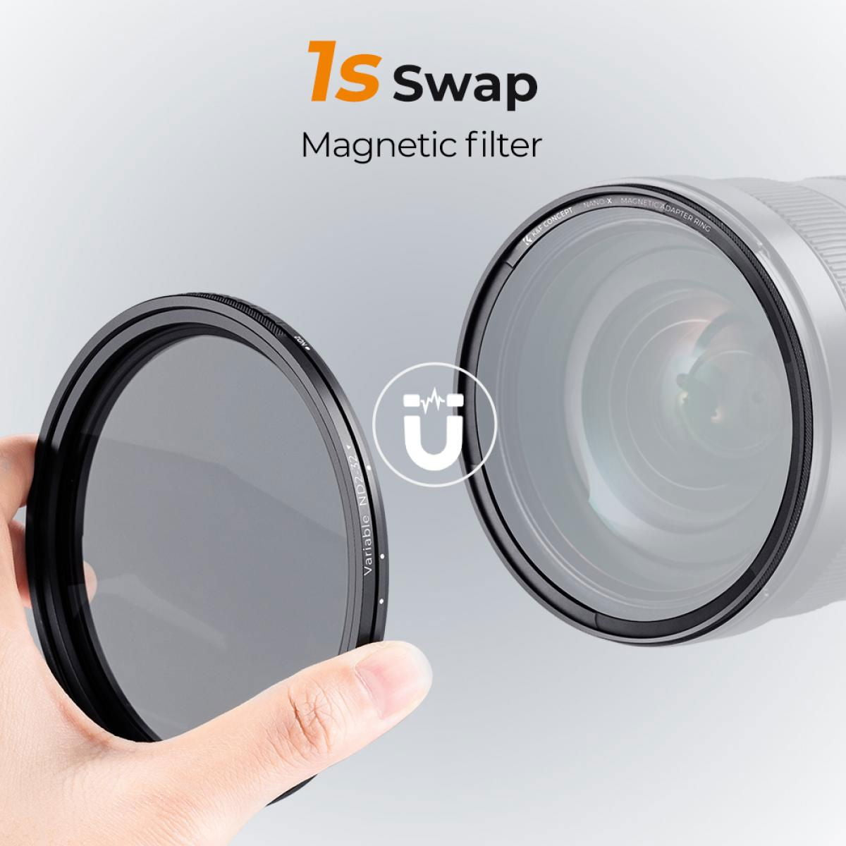 Variable ND2–32 magnetic filter with circular ring, two-piece 1s swap style view