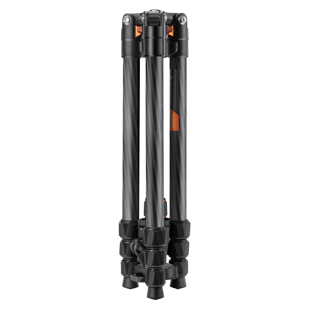 Black carbon-fiber tripod legs with multi-position locks and orange inlays
